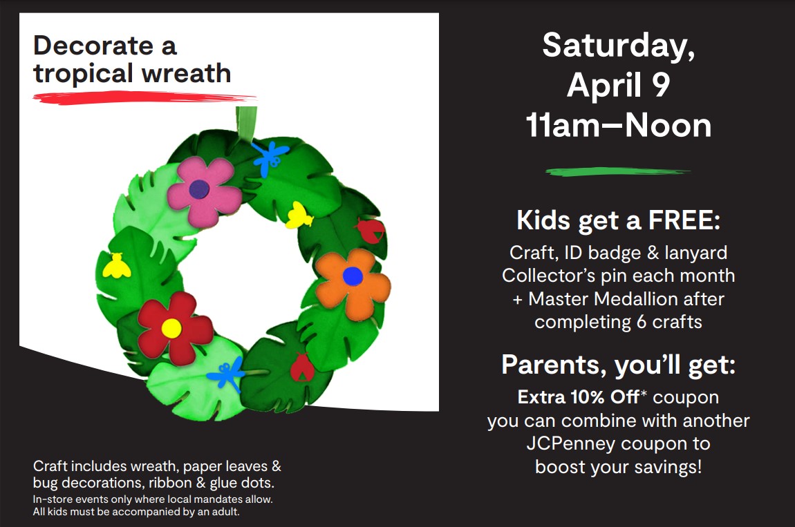 Some Saturday fun for you and the kids 🌺 Stop by JCPenney's -- a fun craft for the kids and a coupon for you! 
•
•
•
#jcpenneykidszone #jcpenney #montgomerymall #northwales #lansdale #montgomerycounty #buckscounty #pennsylvania