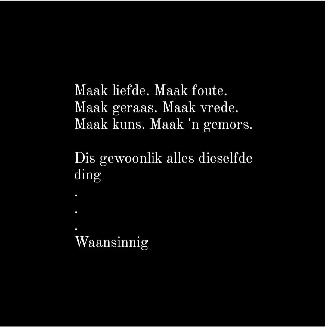 MsAndreaStoltz's tweet photo. Wat maak jy?
#gedig #kuns #skryf #waansinnig #afrikaans https://t.co/wEPDkb3FZe