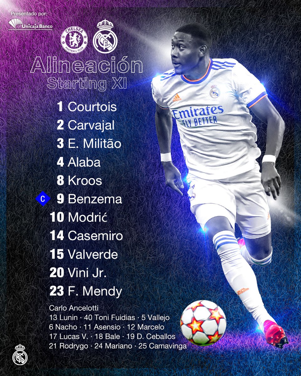 realmadrid's tweet photo. 📋✅ ¡Nuestro 𝗫𝗜 inicial 🆚 @ChelseaFC_Sp! 
@UnicajaBanco | #UCL https://t.co/4VzbhvJKAU