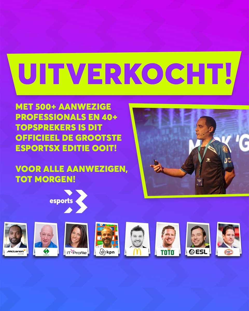 𝟭𝟬𝟬% 𝗨𝗜𝗧𝗩𝗘𝗥𝗞𝗢𝗖𝗛𝗧! ✅

Wow! Ruim 500 professionals zijn aanwezig bij de jubileumeditie van EsportsX. We zien er naar uit om jullie  te verwelkomen in Rotterdam Ahoy!

Alle praktische informatie over EsportsX zit in jullie mailbox!

Tot morgen!