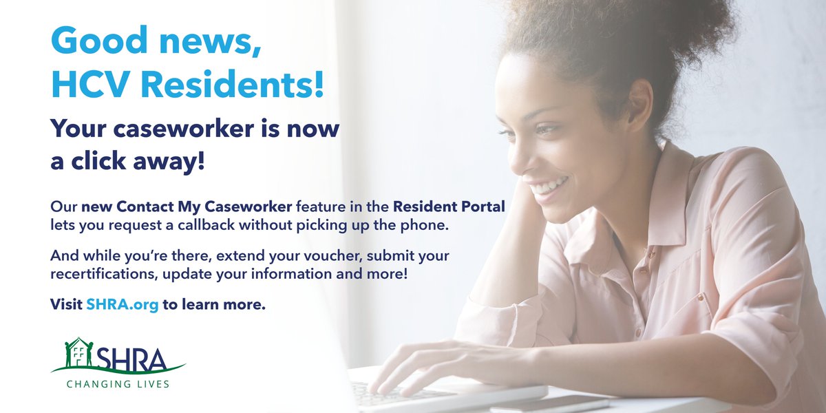 SHRA HCV Residents! Did you know you can contact your caseworker online? Login to the Resident Portal today! tinyurl.com/2p98teww