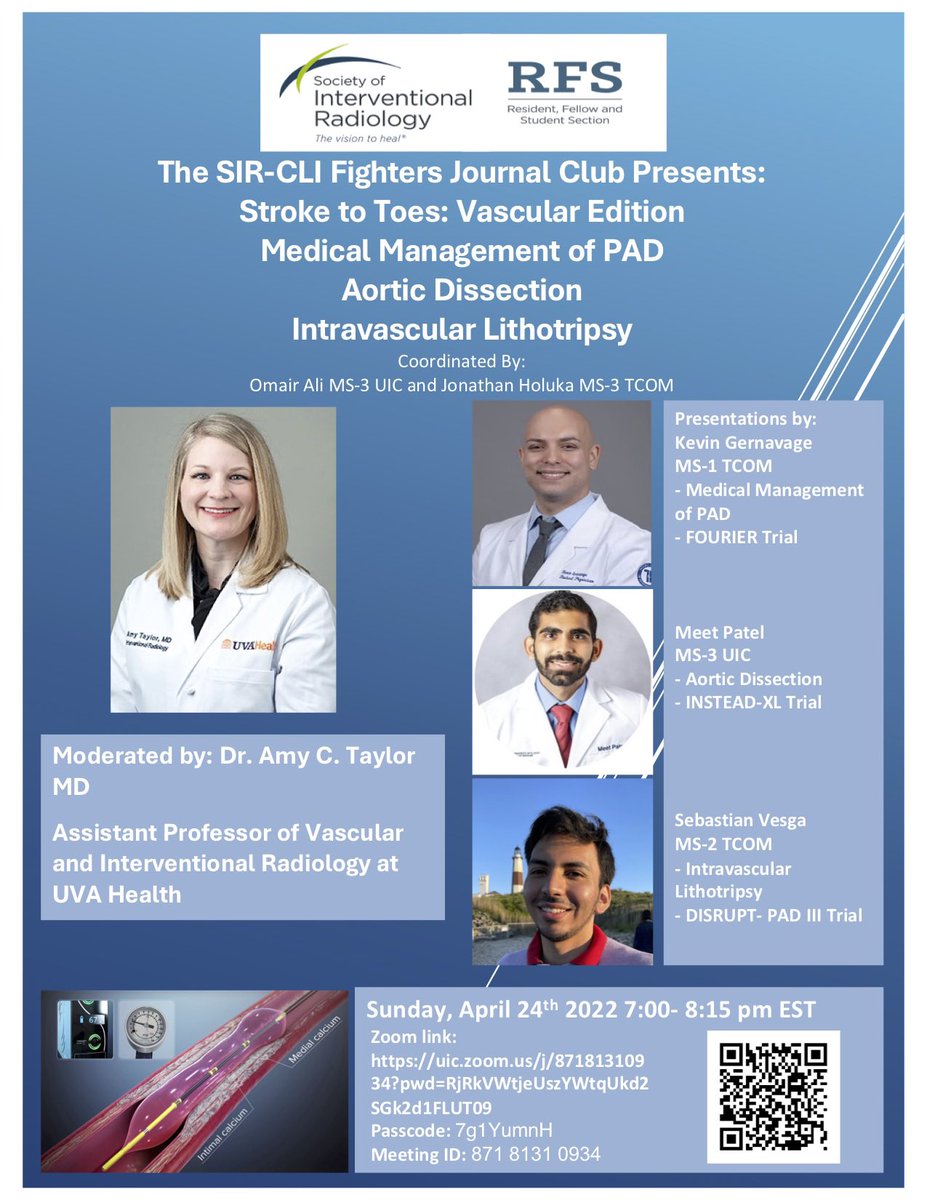 Join on Sunday 4/24 for a webinar by the SIR-CLI Fighters Journal Club!

Moderated by Dr. Amy Taylor (<a href="/champagnedahlin/">Amy Taylor</a>). Coordinated by Omair Ali MS3 (<a href="/med_omair/">Omair Ali</a>) &amp; Jonathan Holuka MS3 (<a href="/jonholuka/">Jonathan Holuka, MS, DO</a>)

Zoom link: uic.zoom.us/j/87181310934?…