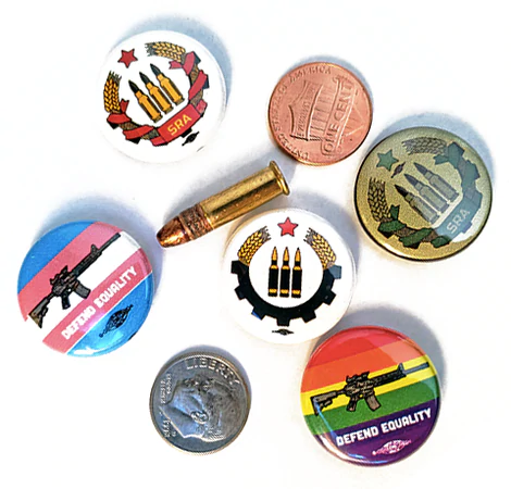 Check out our new SALE on pinback buttons! 50% off our button variety packs, with SRA logo and Defend Equality variants. Perfect for a jacket, purse, or backpack, to showcase your support for queer and leftist self defense!

shop.socialistra.org/collections/sa…