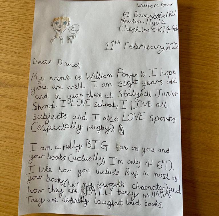 DownsMattison's tweet photo. @davidwalliams Hi, my son, William (8), sent a letter to you for his school competition at @StalyhillJunior. Can you please confirm if you have received his letter and whether he will get a reply as it has been over ? Could you possibly DM me a reply? Thank you! https://t.co/AUcEoxeaKn
