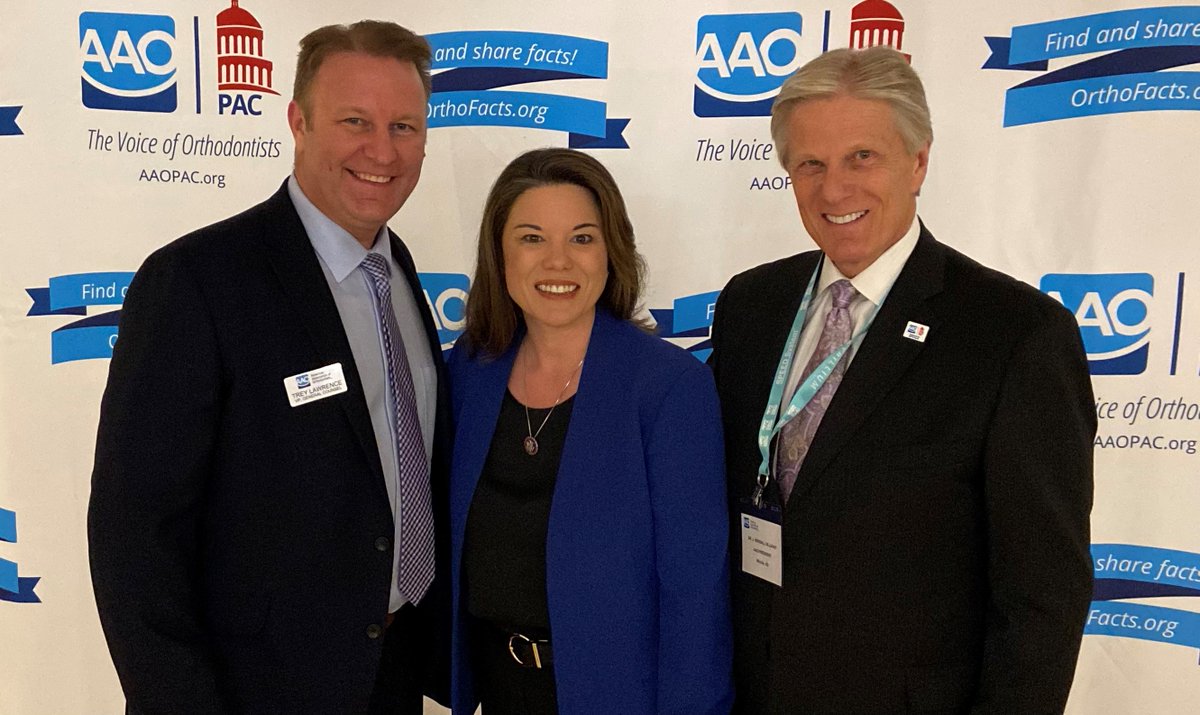 AAOrtho's tweet photo. #AAOPAC gathered last night w/over 10 members of Congress to continue the conversation about patient health and safety. 
Rep. of the Second District of Minnesota, Annie Craig, along with Dr. Ken Dillehay, DDS, MS, Pres. of  AAO, and Trey Lawrence, VP of Legal Advocacy of the AAO. https://t.co/sX6e2ndU3L