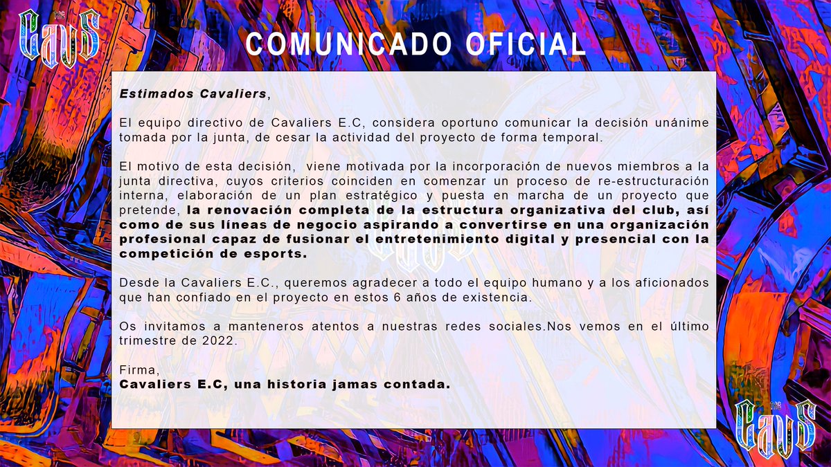 Comunicado Oficial:

#UnaHistoriaJamasContada
#CavaliersEC