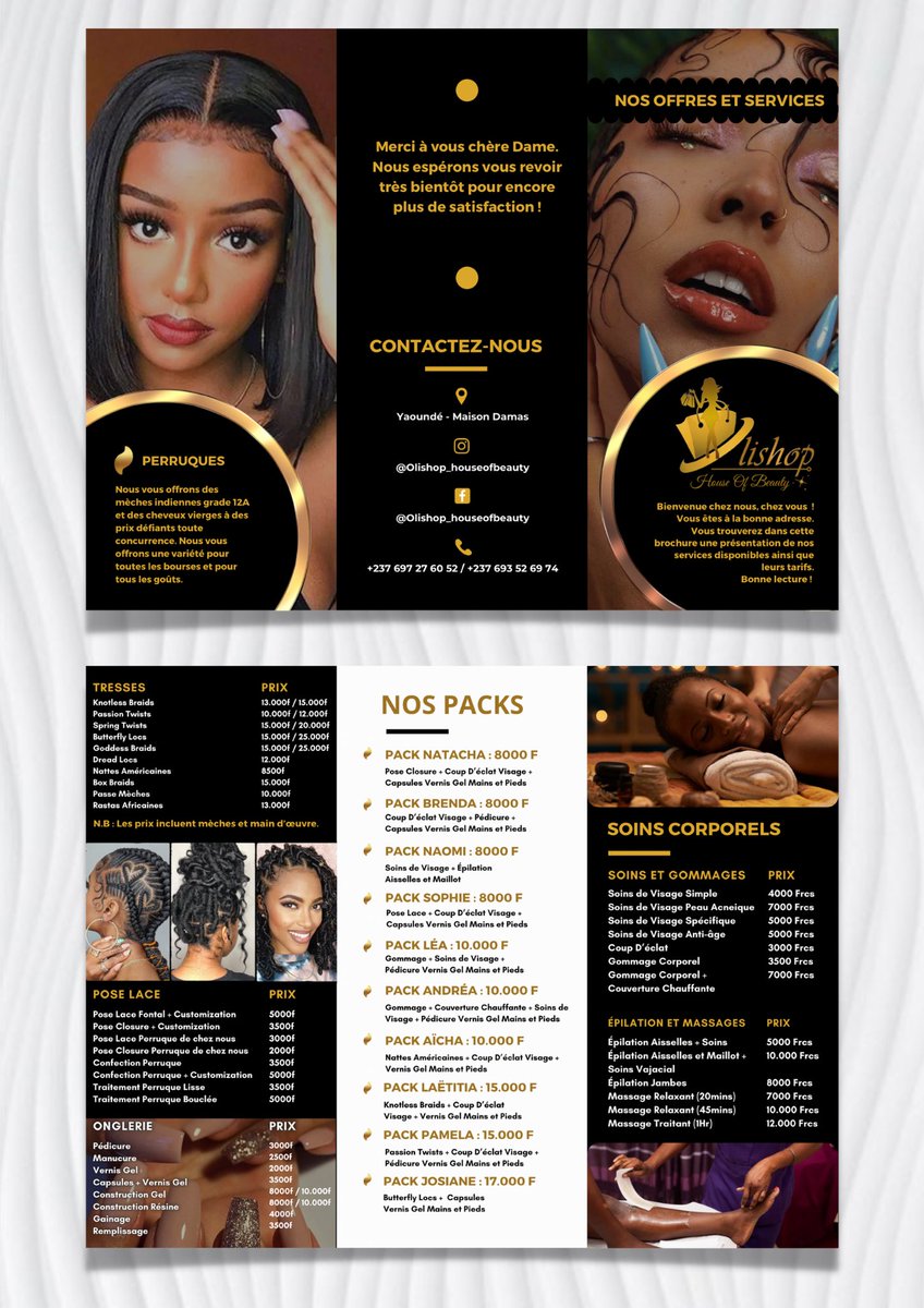 ⋆ 𝗖𝗹𝗶𝗲𝗻𝘁 𝘀𝗮𝘁𝗶𝘀𝗳𝗮𝗶𝘁 ✓

Merci à “𝐎𝐥𝐢𝐬𝐡𝐨𝐩_𝐇𝐨𝐮𝐬𝐞 𝐎𝐟 𝐁𝐞𝐚𝐮𝐭𝐲” de m'avoir sollicité pour la réalisation de la maquette de son dépliant/brochure. 🧖🏾‍♀️🧘🏽‍♀️💇🏽‍♀️💆🏽‍♀️💅

À qui le tour ? 😇

#brochure #visual #Creative #TT237 #douala #Cameroun #PleaseShare