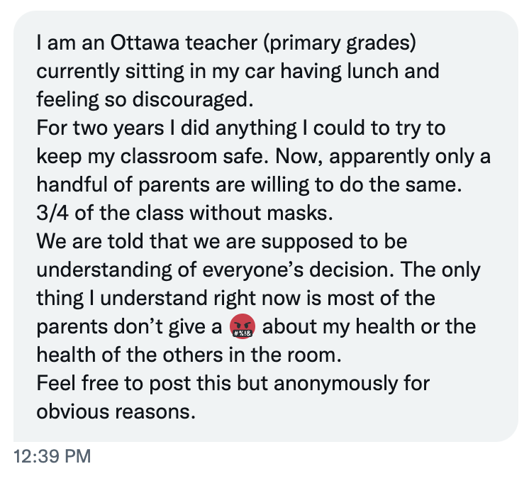 YoniFreedhoff's tweet photo. Morale of teachers in school must be as low as Ottawa's wastewater is high. This from my DMs I bet is not uncommon. https://t.co/Ya4mM910bn