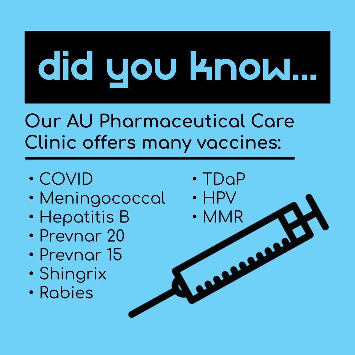 AUEmployeeRX's tweet photo. Our @aupcc4u offers vaccines that can be scheduled as separate appointments or given during your annual @onehealthytiger screening or other appointments with our pharmacists. For more info on recommended vaccines or to schedule an appointment, contact the AUPCC at 334-844-4099 https://t.co/qLqRrrP75r