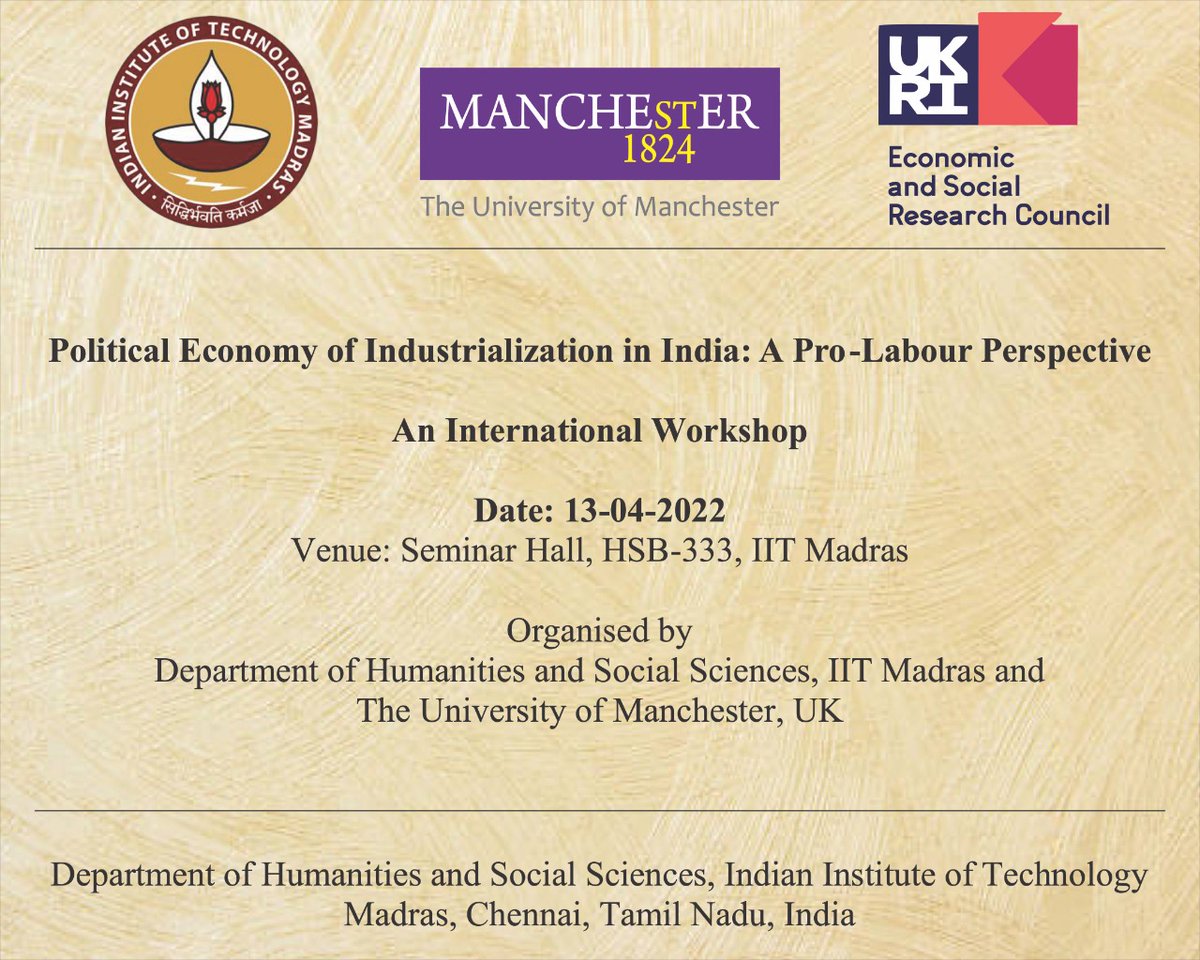 Santosh Kumar Sahu (@sksahuiitm) on Twitter photo I will be organising an international workshop on "Political Economy of Industrialization in India: A Pro-Labour Perspective" at the Department of Humanities and Social Sciences, <a href="/iitmadras/">IIT Madras</a>, jointly with Dr Smytta Yadav of Manchester University on the 13th of April 2022. I will be organising an international workshop on "Political Economy of Industrialization in India: A Pro-Labour Perspective" at the Department of Humanities and Social Sciences, <a href="/iitmadras/">IIT Madras</a>, jointly with Dr Smytta Yadav of Manchester University on the 13th of April 2022.
