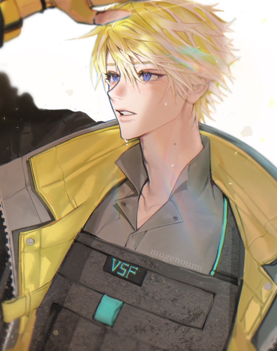 1boy male focus blonde hair mole on neck yellow gloves solo blue eyes  illustration images