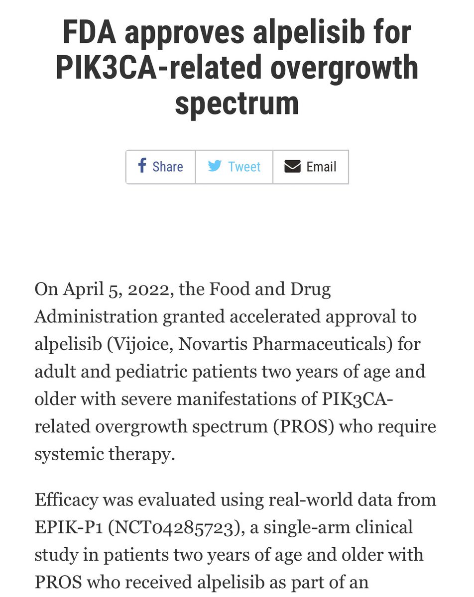 VivekSubbiah's tweet photo. 🚨Approval alert 👉🏼Huge news in #PrecisionMedicine 🎯👉🏼FDA approves alpelisib for PIK3CA-related overgrowth spectrum
✅Efficacy based on real-world data a +  expanded access program for compassionate use in children+ adults  @OncoAlert @tmprowell 

https://t.co/zIni1VZNE4 https://t.co/Vk4igY6mQD