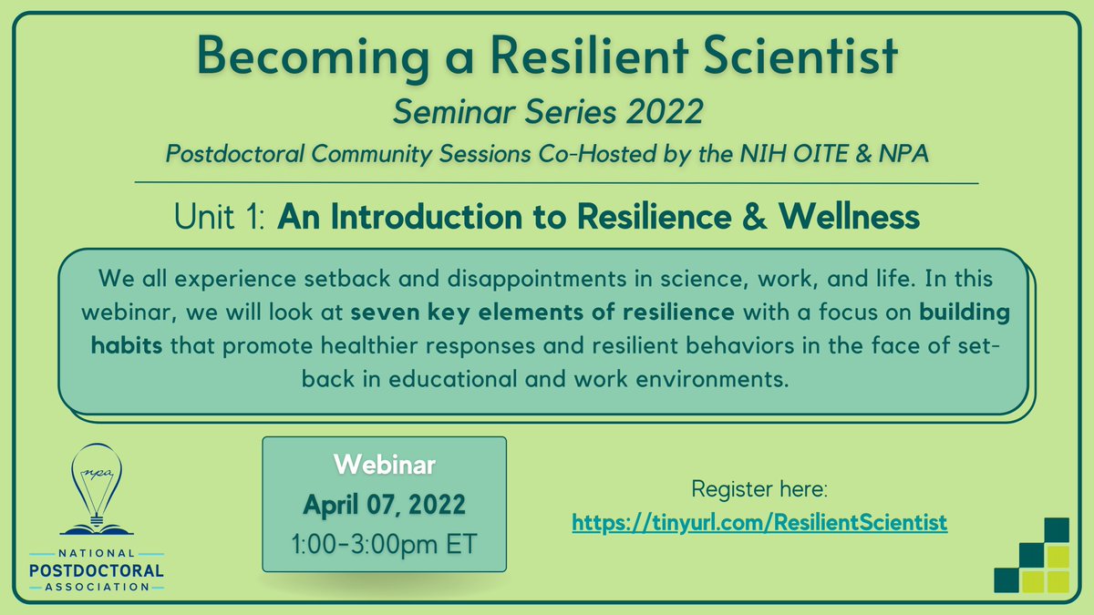 Sharon Milgram, PhD (@sharonmilgram) on Twitter photo Tomorrow at 1pm ET begins a collaborative project with <a href="/NIH_OITE/">NIH Office of Intramural Training & Education</a> and the <a href="/nationalpostdoc/">nationalpostdoc</a> association (NPA) -- I will be hosting the first of 5 #Resilience talks over the next weeks designed for postdoctoral fellows
#BecomingAResilientScientist
Register: tinyurl.com/ResilientScien⦠Tomorrow at 1pm ET begins a collaborative project with <a href="/NIH_OITE/">NIH Office of Intramural Training & Education</a> and the <a href="/nationalpostdoc/">nationalpostdoc</a> association (NPA) -- I will be hosting the first of 5 #Resilience talks over the next weeks designed for postdoctoral fellows
#BecomingAResilientScientist
Register: tinyurl.com/ResilientScienā¦
