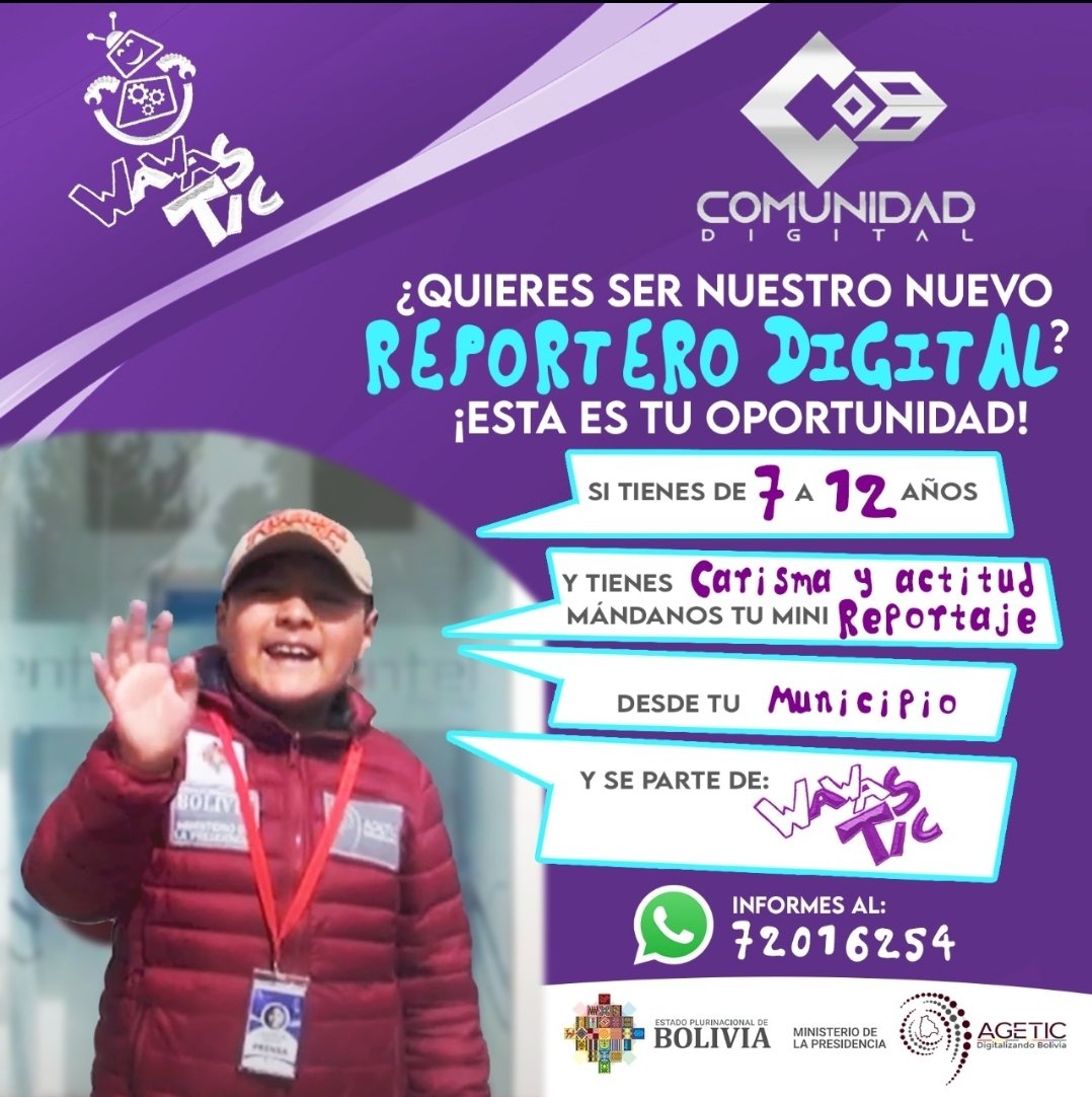 AgeticBolivia's tweet photo. ✅ Si tienes entre 7 a 12 años de edad, es tu oportunidad de ser nuestro próximo #ReporteroDigital. Sólo necesitas grabar un mini reportaje indicándonos tu nombre, tu edad, de qué ciudad o municipio te comunicas y por qué te gustaría ser un #ReporteroDigital.
🔥 ✍📲 72016254 👌 https://t.co/esbMWjS75D