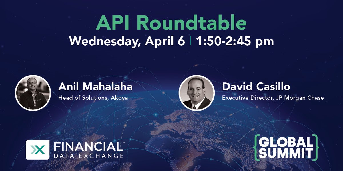 Today at 2:50 pm eastern/1:50 central, join <a href="/MahalahaAnil/">Anil Mahalaha</a>  &amp; David Casillo of <a href="/jpmorgan/">J.P. Morgan</a> as they lead an #API roundtable at the #FDX Global Spring Summit. Register here: bit.ly/372qInK
#FDXGlobalSummit #FDXAPI