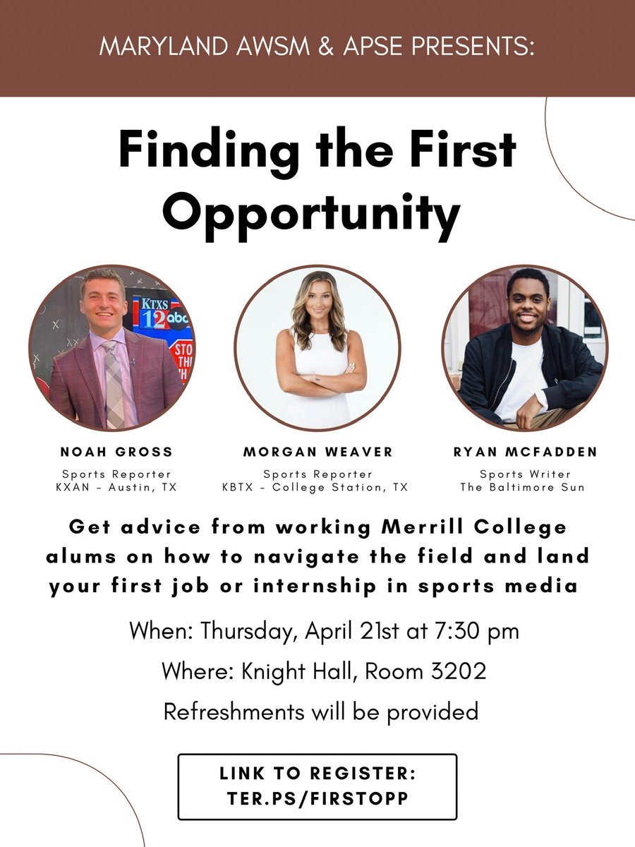 MarylandAwsm's tweet photo. 🚨Event alert!🚨

We’re so excited to collab with @APSEMaryland and hear advice from these @merrillcollege @PovichCenter alums on landing your first job/internship in sports media. Register below to join us. 

RSVP: https://t.co/8lRplm0M5L https://t.co/SrKcQGPfSl