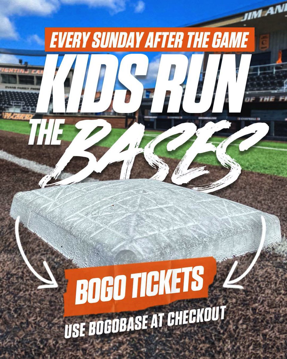 GoCamelsBSB's tweet photo. 🚨 Calling All Kids 🚨

Want to run the bases like your favorite Camels? Come hangout out with us on Sundays for running the bases postgame &amp; get a special BOGO ticket deal when using BOGOBASE!! 

📲 https://t.co/oAcsmw8Faw

#RollHumps https://t.co/1PsMA5Vfad