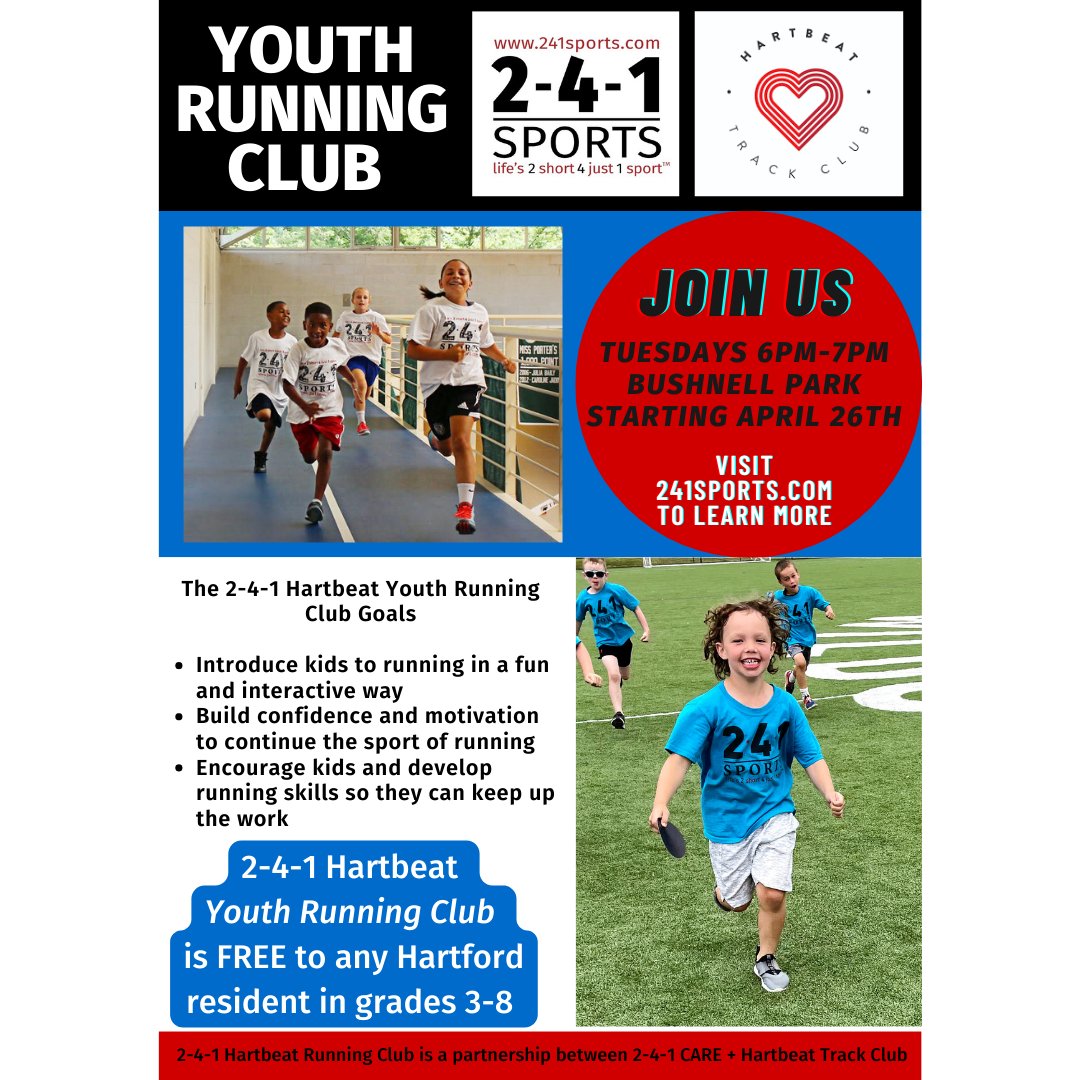 WE ARE PSYCHED TO ANNOUNCE OUR NEWEST PROGRAM!
2-4-1 Hartbeat Youth Running Club at Bushnell Park starts in less than 3 weeks! 
Great collaboration between great organizations to get kids moving in and around Hartford!
241sports.com/camps/hartbeat…