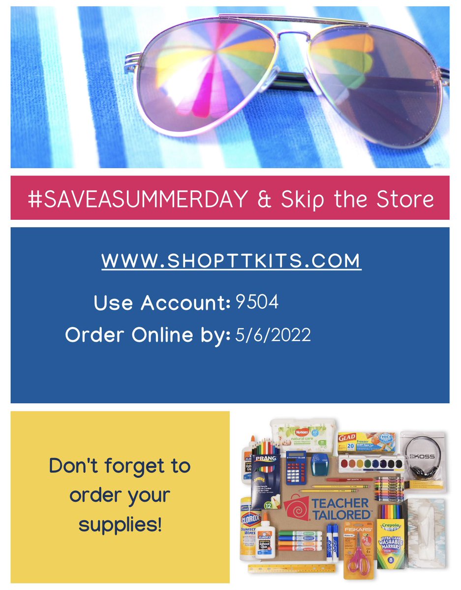 School Supply Kits are now available for the 22-23 school year!  This allows you to get supplies for your child by clicking on their grade level (use acct #9504).  Skip the lines at the store; supplies will be shipped to your house.  Orders are due May 6.