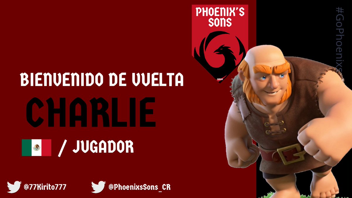 #CR | BIENVENIDO

Ahora toca recibir nuevamente a <a href="/77Kirito777/">Charlie</a>, de quien esperamos bastante gracias a su buen paso en la etapa anterior 🔥

#GoPhoenixs #WelcomeCharlie
