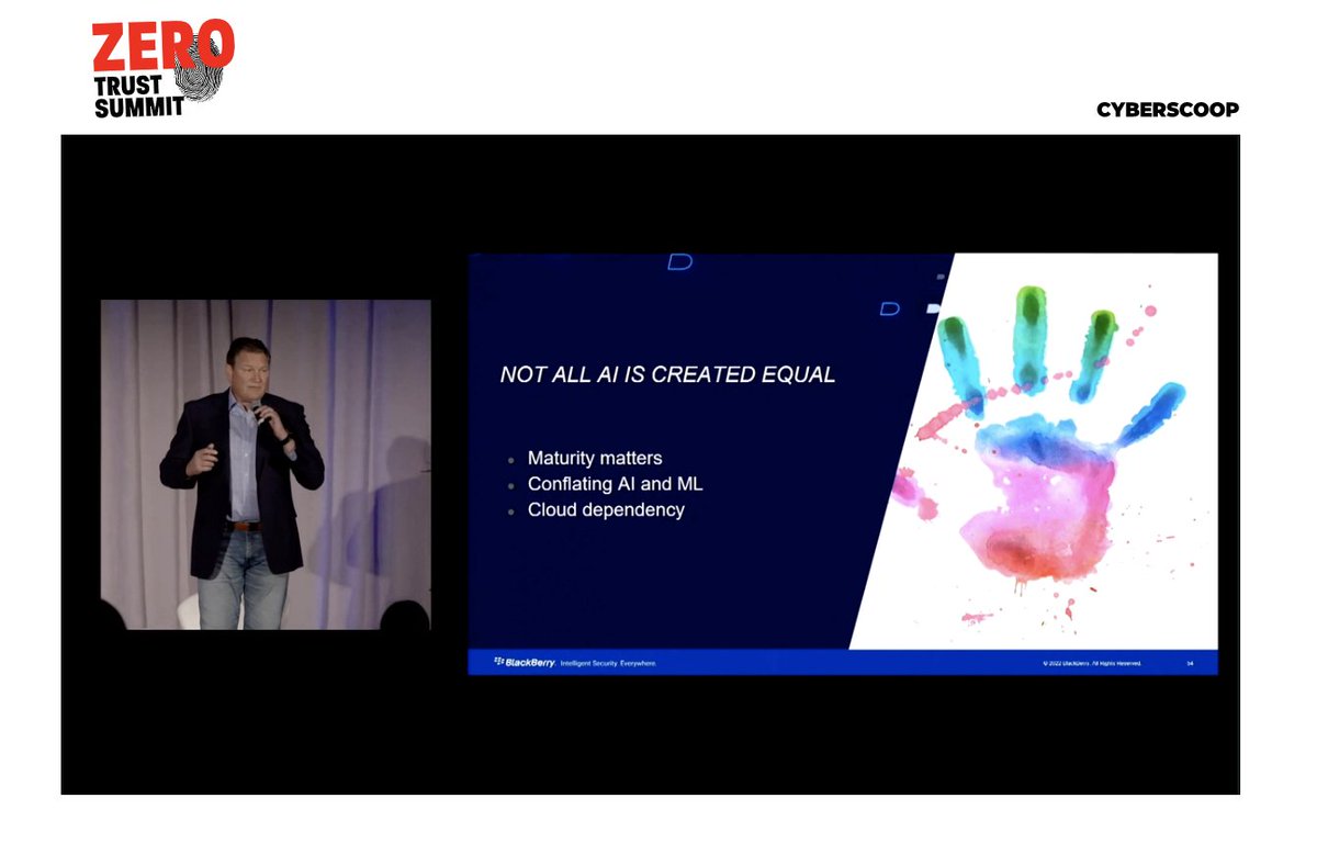 Rachel_C_Eck's tweet photo. "Maturity matters."  Not all #AI is created equally.  @Blackberry at @CyberScoopNews
#ZeroTrustSummit #zerotrust #cybersecurity #preventionispossible #CylanceAI https://t.co/Pc304Sp8nU