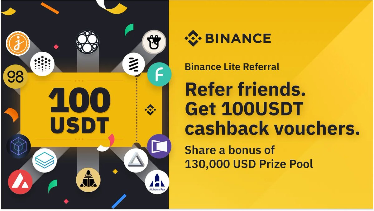 Bag 100 $USDT worth of cashback vouchers for you and a friend, and share $130,000 in free tokens with #Binance Referral Lite! 

Refer now 👉 binance.com/en/activity/re…