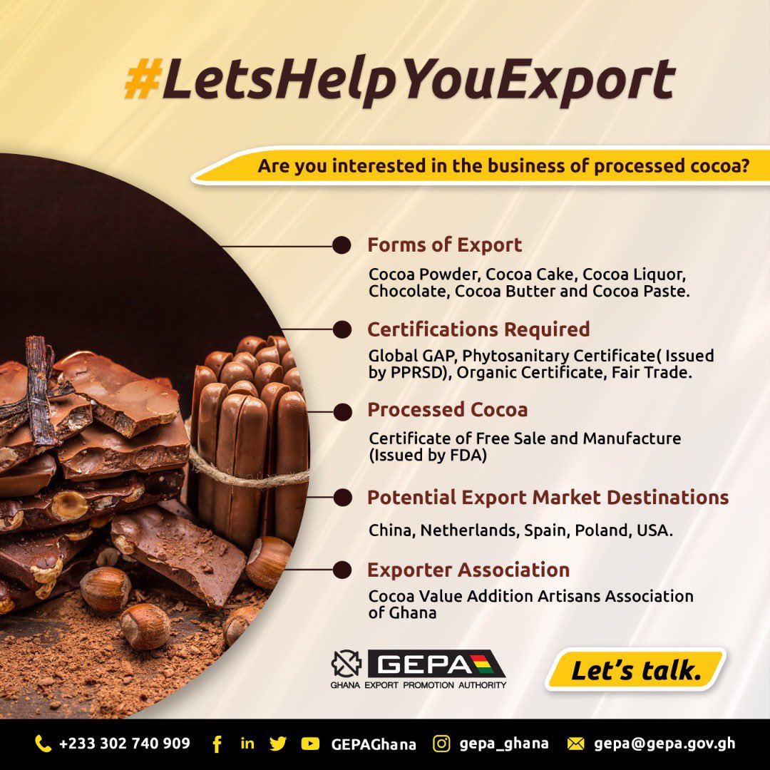 GEPAGhana's tweet photo. @GEPAGhana supports businesses interested in cocoa value added products.
It’s not too late to start. Make that move now!
#LetsHelpYouExport #exportghanaexportmore
#neds https://t.co/nZNPUvabow