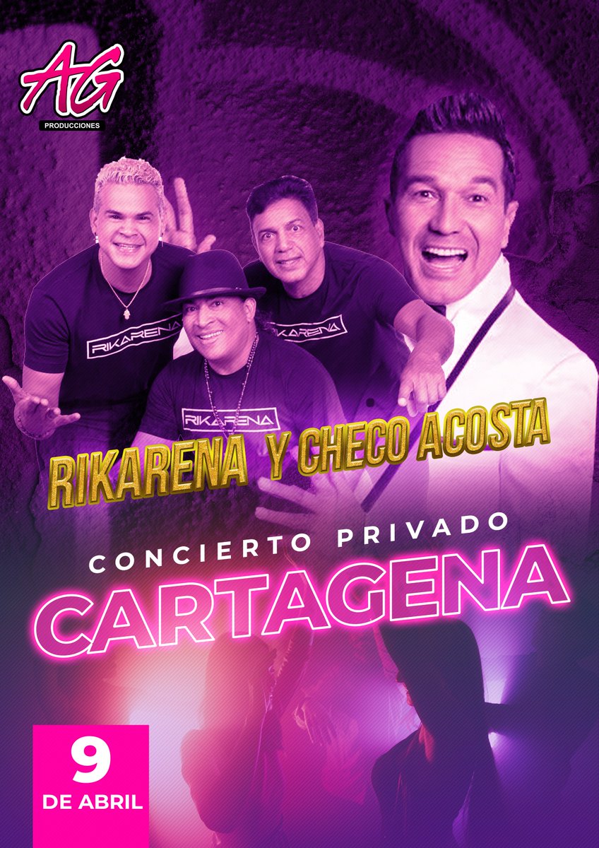 AGprodu's tweet photo. #AGproducciones tiene los mejores eventos privados con el mejor #Booking de artistas que te puedas imaginar (portafolio en la bio). Este sábado 9 de abril con @checoacosta y @rikarena1 en #CartagenadeIndias https://t.co/Osc71QMeCC