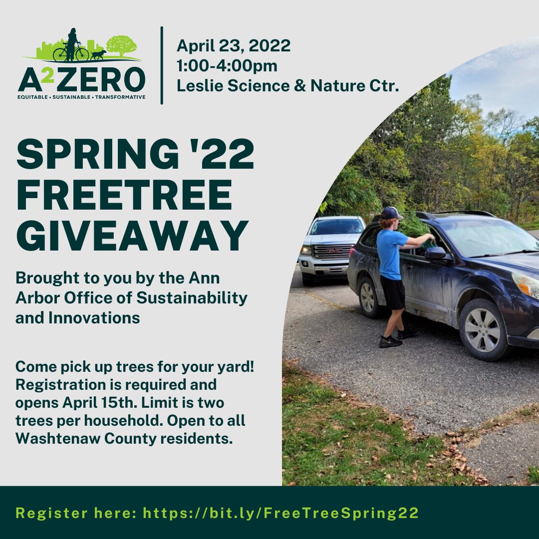Come pick up 1-2 free tree seedlings to plant in your own yard.  Registration is required at bit.ly/FreeTreeSpring…. Limit two trees per household. Open to all Washtenaw County residents. Registration opens Friday April 15 at 5 p.m.