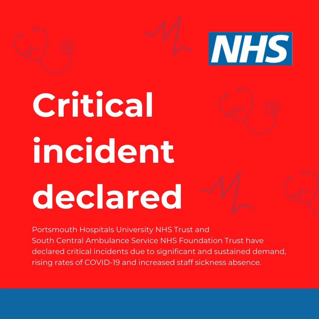 Due to significant and sustained demand, rising rates of COVID-19, and increased staff sickness absences, <a href="/PHU_NHS/">Portsmouth Hospitals University NHST</a> and <a href="/SCAS999/">South Central Ambulance Service</a> have declared critical incidents.

We are asking everyone to think very carefully before seeking urgent support: portsmouthccg.nhs.uk/support-nhs <a href="/HCPortsmouth/">Health and Care Portsmouth</a>