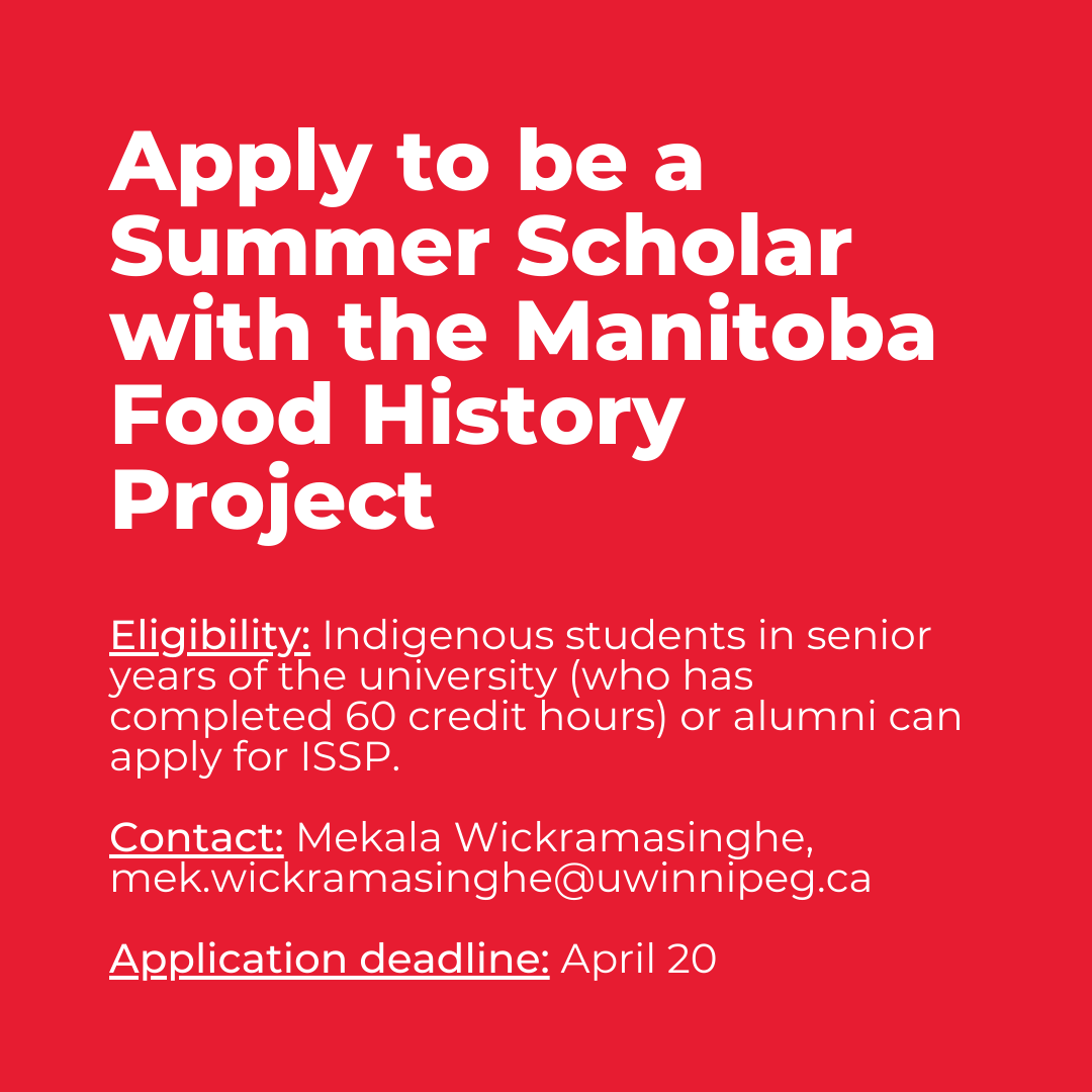 <a href="/uwinnipeg/">UWinnipeg</a> Faculty of Grad Studies is seeking one more summer scholar for a project with @FoodHistoryMB ! 
Interested students should apply by April 20. 
👉uwinnipeg.ca/graduate-studi…
<a href="/theuwsa/">UWSA</a>, know anyone interested?