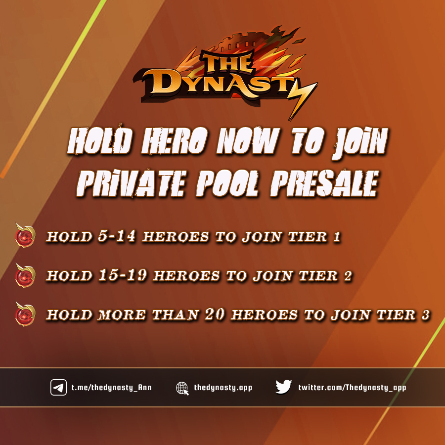 📍Please check the list of wallets which are joined Private Pool Sale below:
bit.ly/TheDynasty_Sta…

💠Tier 1: HOLD 5-14 HEROES - up to 100$
💠Tier 2: HOLD 15-19 HEROES - up to 150$
💠Tier 3: HOLD more than 20 HEROES -up to 200$

PRIVATE POOL PRESALE ANNOUNCEMENT
Time: April 11