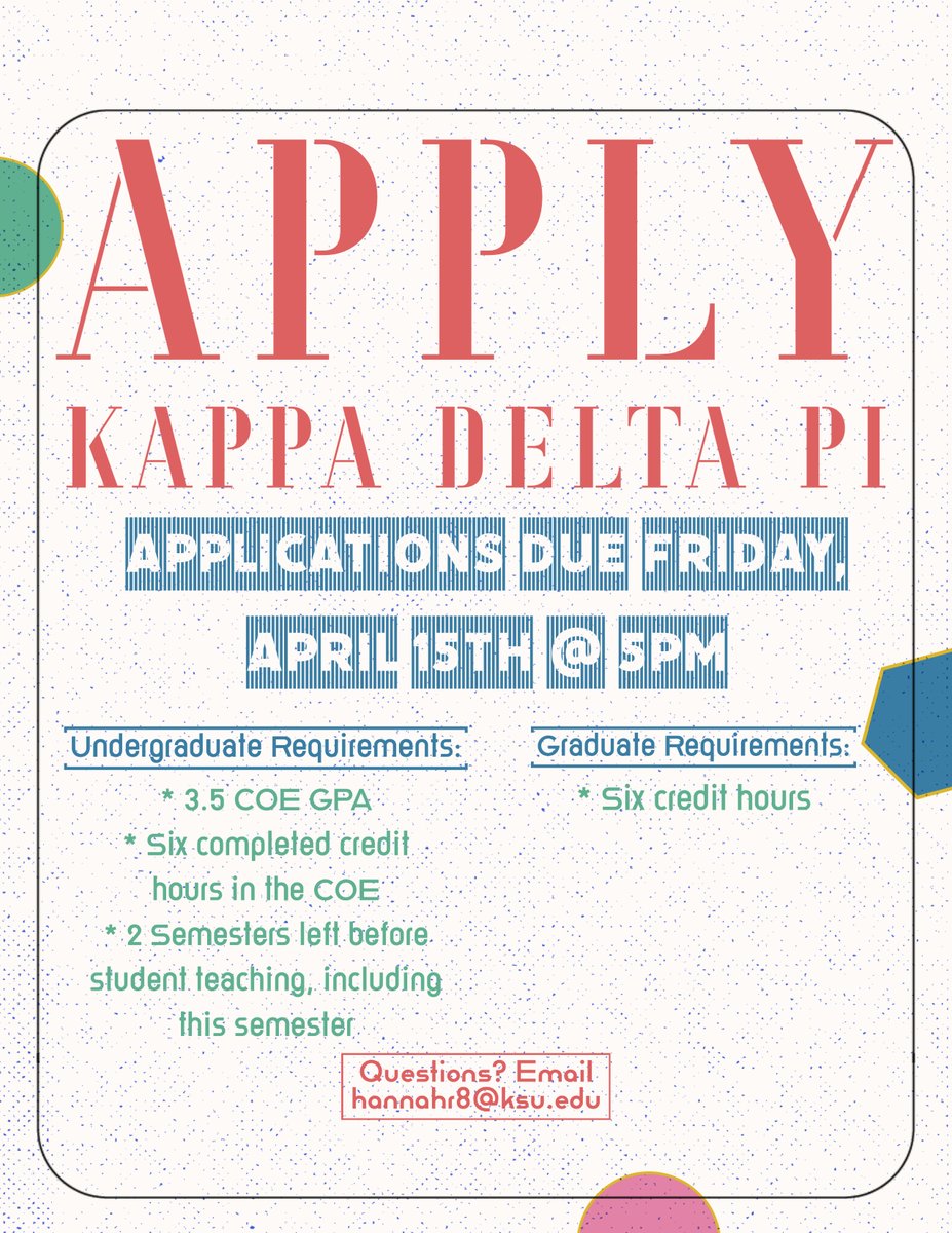 Applications to join Kappa Delta Pi are due next Friday at 5 p.m. Check out the requirements to apply! Link is below!
forms.gle/fTnAPoHApbv2ER…