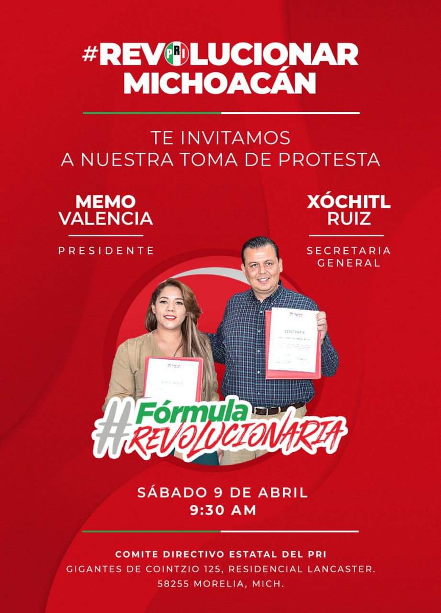 Listos para nuestra toma de protesta, <a href="/XochitlRuizG/">Xochitl Ruiz</a> y un servidor los esperamos el sábado a las 9:30 am en el <a href="/CDEPRIMICH/">PRI Michoacán</a> ubicado en colonia Lancaster, por salida Mil Cumbres.