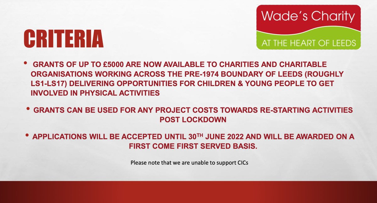 wadescharity's tweet photo. Pls RT Wade's Charity offering up to £5K grants for Children and Young People getting into Physical activity in LEEDS. Visit https://t.co/tKjxa07r6M for more info @VolActionLeeds @leedstelevision @LeedsCC_News https://t.co/ytwUG83mB5