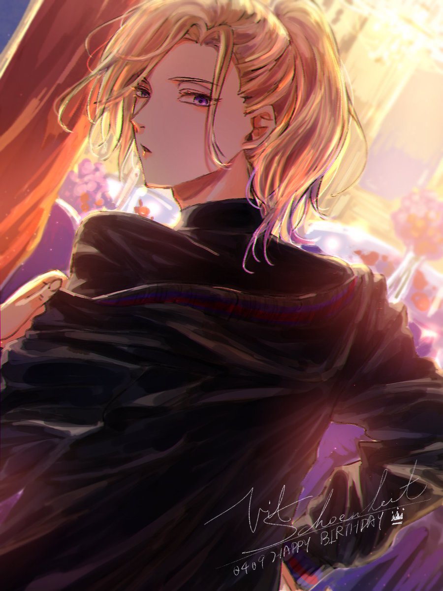 blonde hair 1boy solo male focus ponytail looking back looking at viewer  illustration images