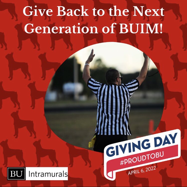 BUIntramurals's tweet photo. Today is Giving Day 2022! Click the link in the bio to donate to the Intramural program. Every dollar donated goes towards new equipment and staff development. We appreciated your continued support of our program! #ProudToBU #BUIMSports https://t.co/lAuUj5uV0Z