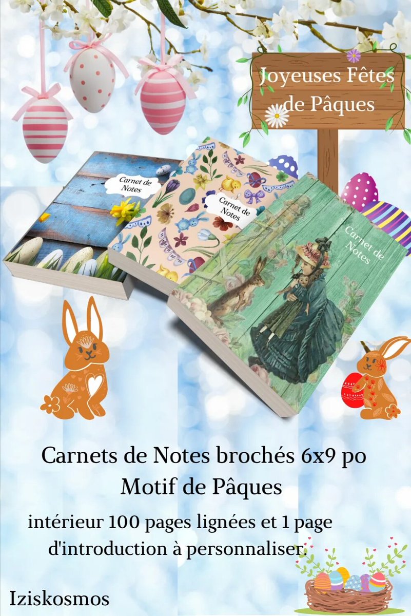 IsabelleTjoen's tweet image. Bonsoir 😊 Découvrez ma série de carnets de notes Motif de Pâques Dimensions 6×9 po intérieur 100 pages lignées et 1 page d&apos;introduction à personnaliser. 
Disponible sur Amazon 😊

amazon.fr/dp/B09WKH9918

#Easter2022 #notebook #frenchdesigner #frenchwriter #citation  #iziskosmos