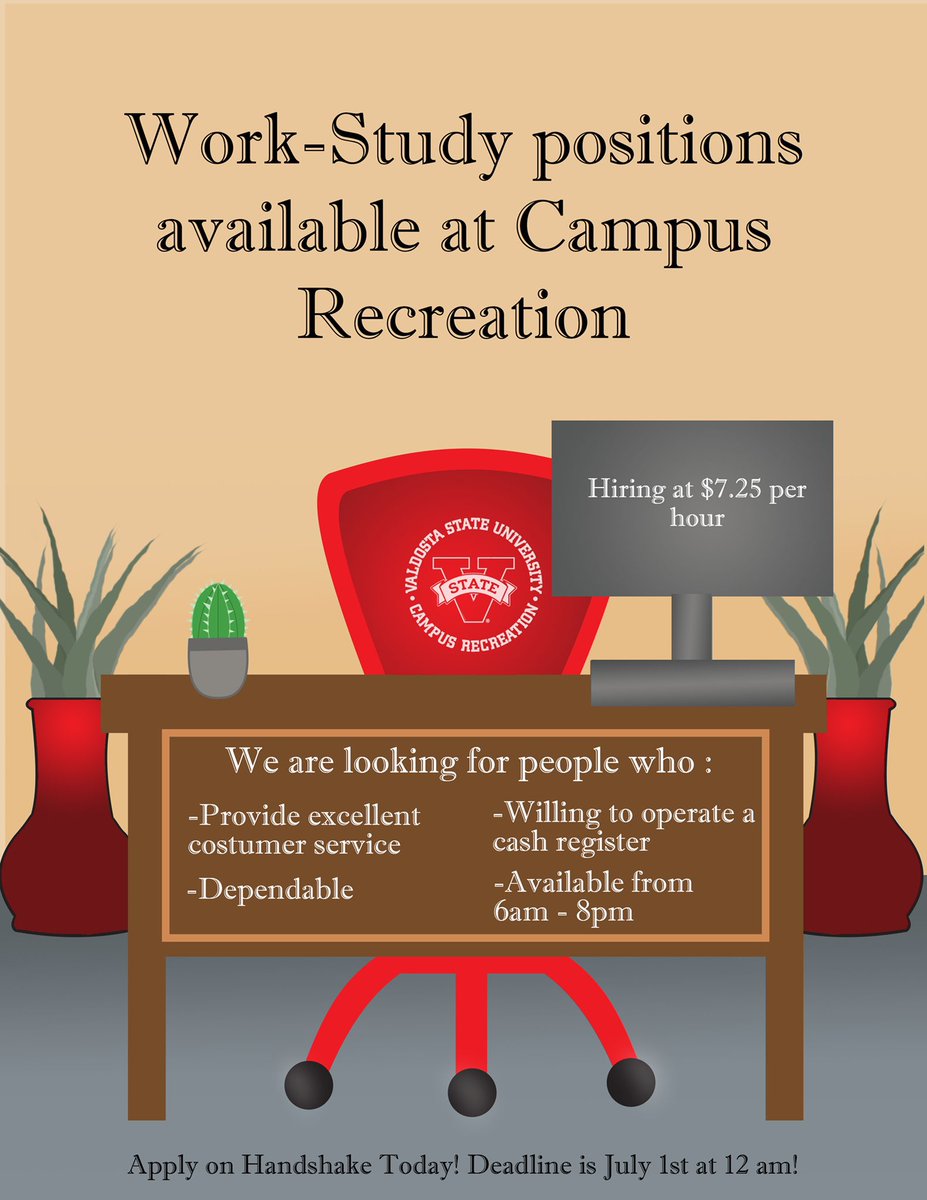 Campus Rec is hiring summer work- study students!! If you are work-study eligible and looking for a summer job, apply on handshake. Deadline to apply is July 1st! ☀️⛱