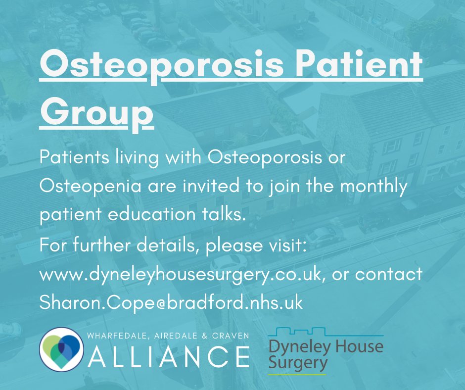 Ling House Medical Centre (@ling_house) on Twitter photo Osteoporosis Patient Group
Patients living with Osteoporosis or Osteopenia are invited to join the monthly patient education talks.
For further details, please visit:
dyneleyhousesurgery.co.uk, or contact Sharon.Cope@bradford.nhs.uk Osteoporosis Patient Group
Patients living with Osteoporosis or Osteopenia are invited to join the monthly patient education talks.
For further details, please visit:
dyneleyhousesurgery.co.uk, or contact Sharon.Cope@bradford.nhs.uk