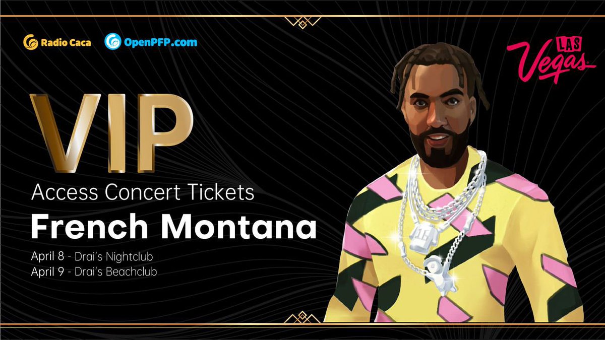 📢 In Vegas? Come see <a href="/FrencHMonTanA/">French Montana</a> 🎉 
VIP ACCESS Tickets 🎫 #Giveaway to French Montana concerts on April 8 and 9.

Only for NFT founders/influencers vetted by Radio Caca

Apply here👇
forms.gle/gf948pnLMMVHvL…

#LasVegas #Vegas #Concert #NFTCommunity #RACA #NFT #Music #Party