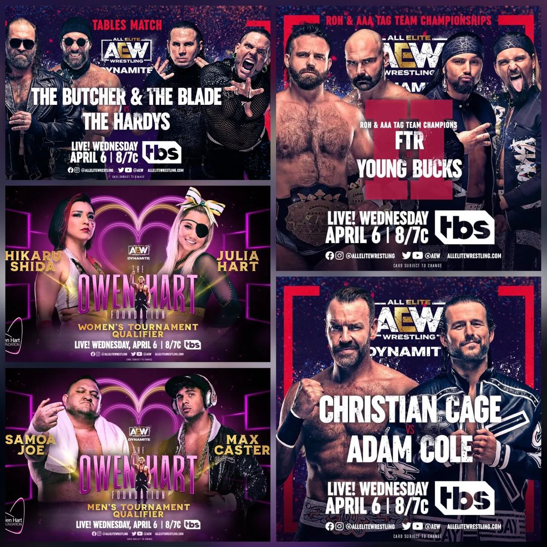 #HoyEnDynamite

- FTR (c) vs Young Bucks | Campeonatos por Parejas de ROH y AAA

- The Butcher &amp; The Blade vs The Hardys

- Christian Cage vs Adam Cole

- Hikaru Shida vs Julia Hart

- Samoa Joe vs Max Caster

#AEWDynamite #AEW