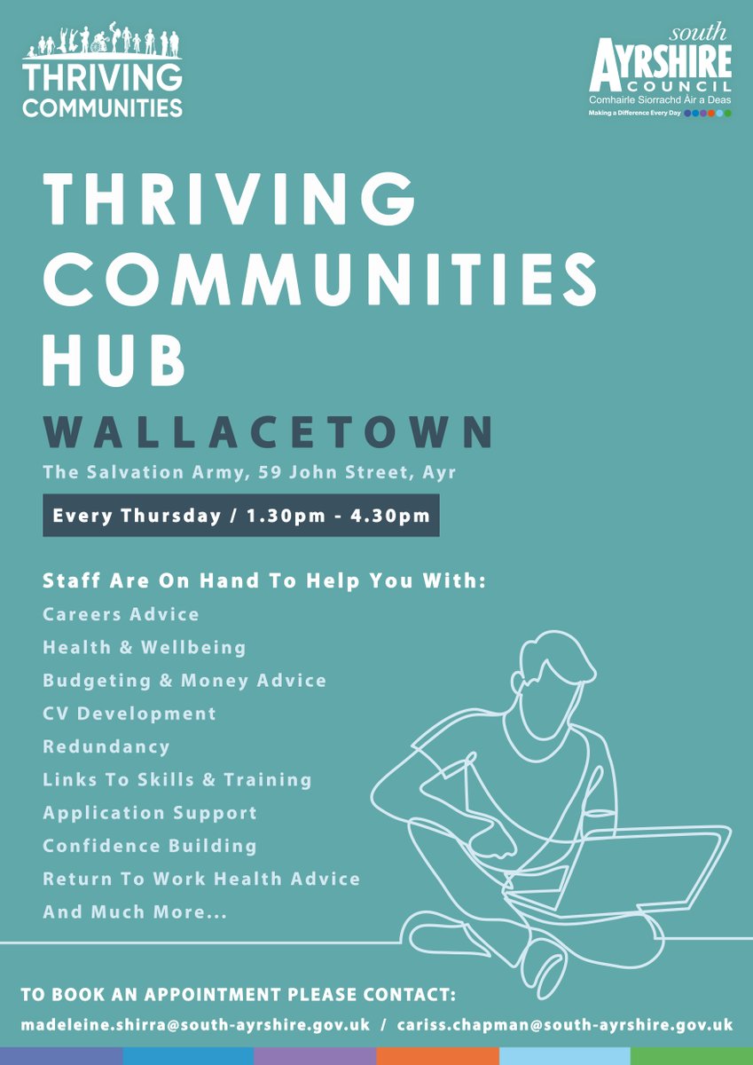 ThrivCom_EmpSAC's tweet image. 🌟Thriving Communities Hub - Wallacetown 🌟

ON 👉 Every Thursday between 1.30pm and 4.30pm

AT 👉 The Salvation Army, 59 John Street, Ayr.

See poster below for more details 👇

#workingforwallacetown 
#workforcewednesday
#thrivingcommunities