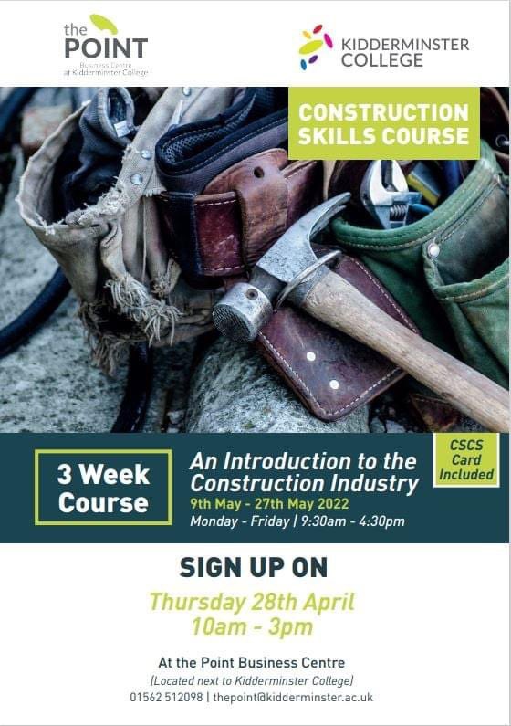 I am really happy to share that we have secured an interview for each client at the end of the course.
This is with a large construction company that have projects in Worcestershire.
You need to be 18+ and on benefits/low income.
Email thepoint@kidderminster.ac.uk