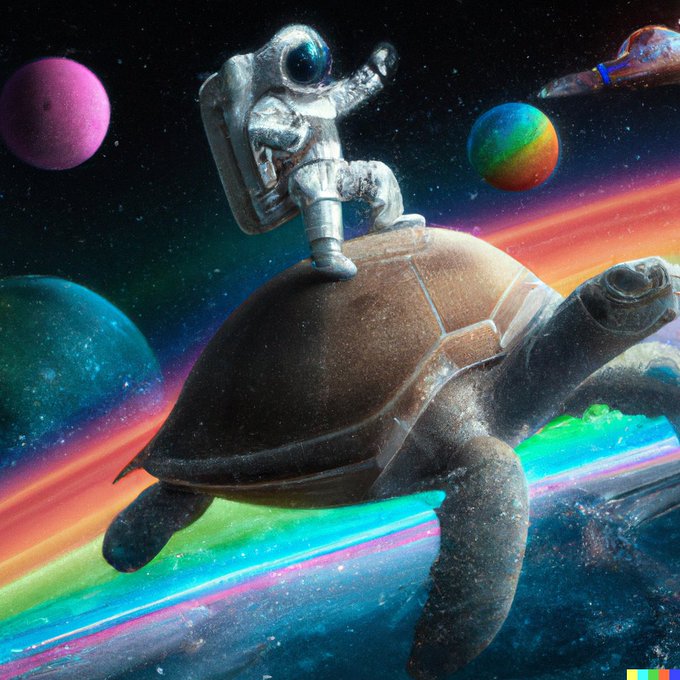 Image Generated by OpenAI DALL E-2: "An astronaut surfing on a sea turtle over a rainbow past planets in space, digital art"