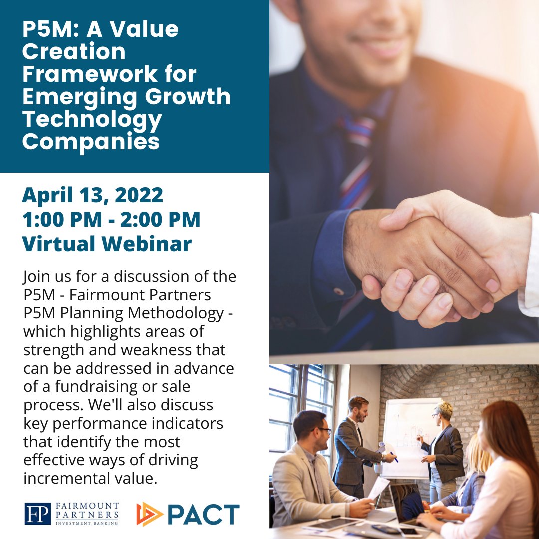 PhilaPACT's tweet photo. Join Fairmount Partners and PACT for a virtual session exploring the P5M Planning Methodology (“P5M”) as a framework for $valuecreation specifically for #emerging growth #technology companies.

Don't miss out - register today at: https://t.co/Jo0SH22by2

#phillytech https://t.co/JWBMvFUhTb