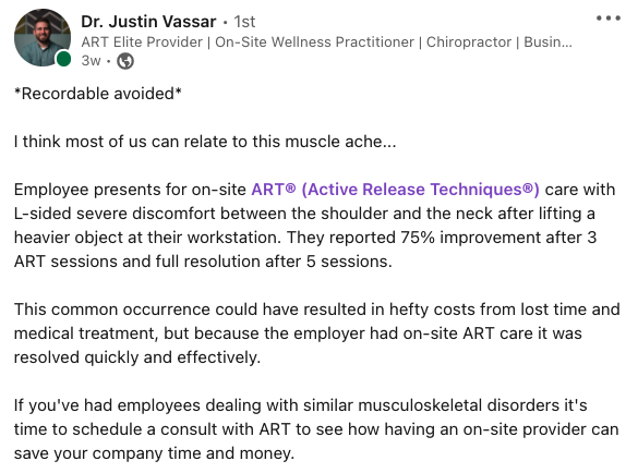 active_release's tweet photo. This isn't just another goal scored- this is another goal achieved. Shout out to Dr. Vassar for his hard work and dedication to ART! ๐
See the full post here: https://t.co/K4Cs1VkKJP
#Activerelease #Onsitewellness #Corporatehealth #Wellnessprogram #Activereleasetechniques https://t.co/p0QDwZPOMA