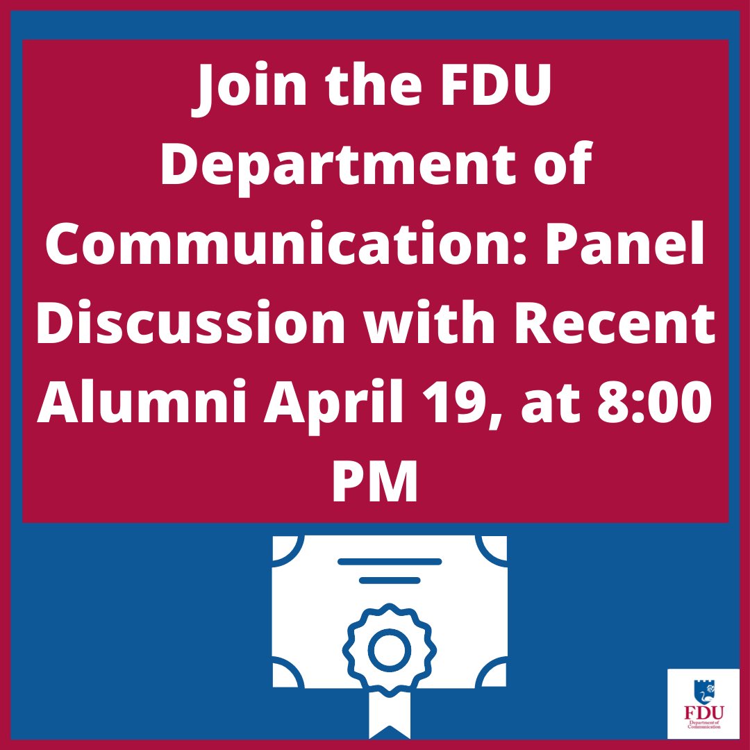 fducomm's tweet photo. Save the date! On April 19th at 8:00 PM, connect with recent Department of Communication Alumni and learn how they’ve used their degrees to foster their professional careers. Look out for a Zoom link posted closer to the date! https://t.co/zXXkWu7lWW