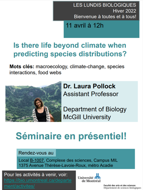 _aecbum's tweet photo. *Lundis Biologique en présentiel* 👀
Laura Pollock, professeure adjointe au Département de biologie de @mcgillu  ✨
Détails sur notre site web, section événement : https://t.co/qebr39Rz8O 
@Lajosy0 @binsan5 @MattDRegan @FASNouvelles 
 #climatechangescience #ecology https://t.co/LT0CE9A1X9