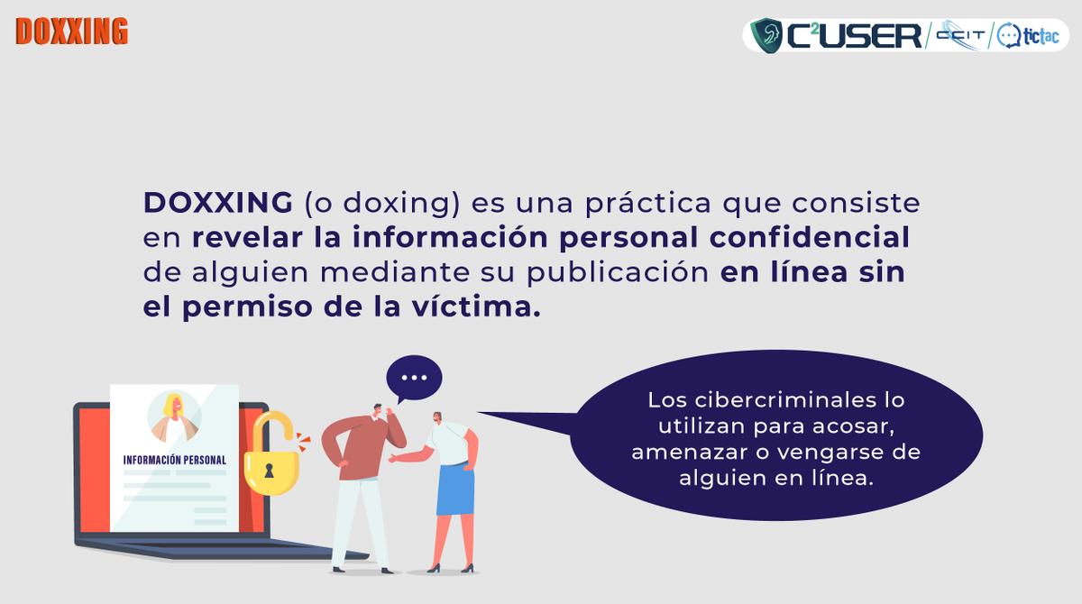 CCIT_'s tweet photo. #SAFE #C2User
¿Conocen el término #Doxxing? en el siguiente #GlosarioTIC les contamos de que se trata esta nueva práctica. https://t.co/oy8Kf7ZqRy